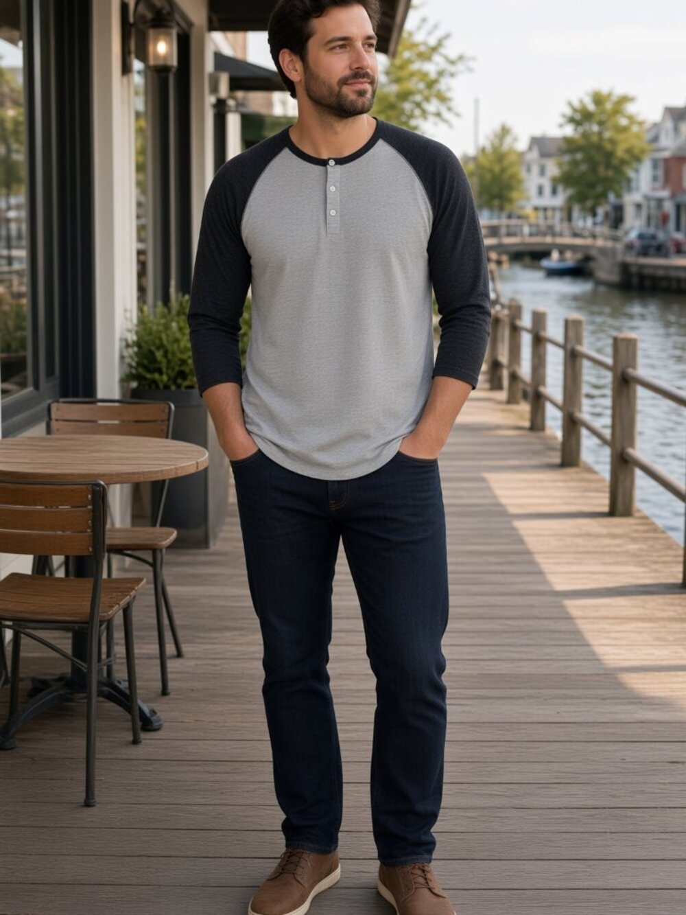 Alternative Men Grey Raglan 3/4 Sleeve Henley Soft Pullover Crew Neck Top US XXL